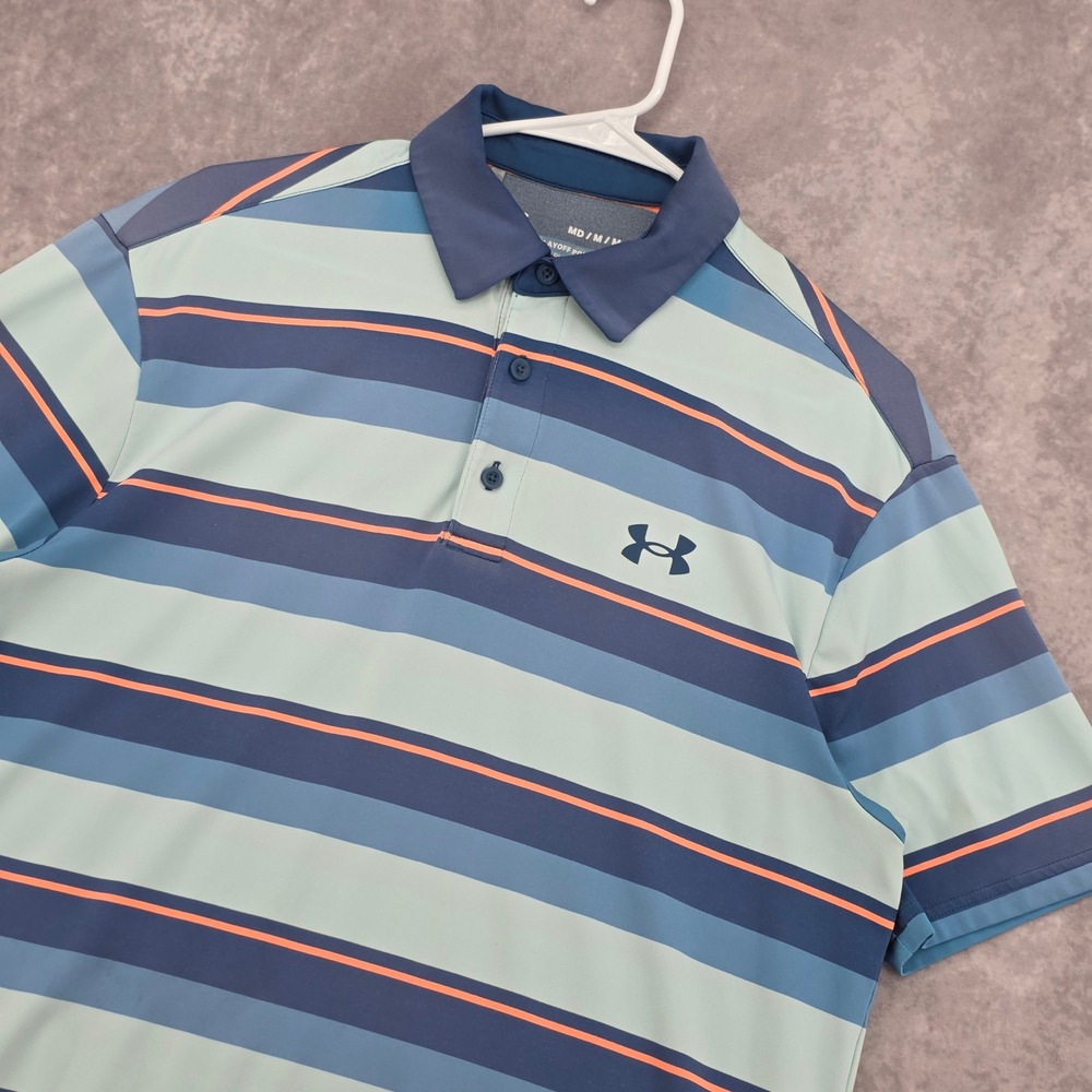 Under Armour Playoff Polo Mens Medium Blue Teal Striped Golf Shirt Sun Fade